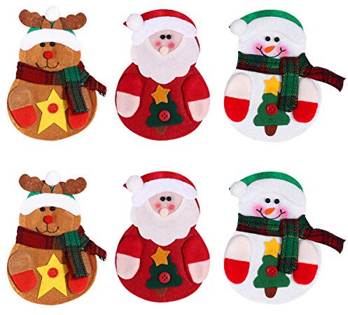 OULII 6 x Cocina Traje Cubiertos Portavasos Bolsillos Cuchillos Bolsas Bolso Muñeco de Nieve Santa Claus Elk Decoración de Fiesta de Navidad