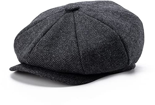 BOTVELA Herren 8-Panel Wollmischung Newsboy Flat Cap Fischgrätmuster-Tweed-Hut, Schwarz, 61 EU