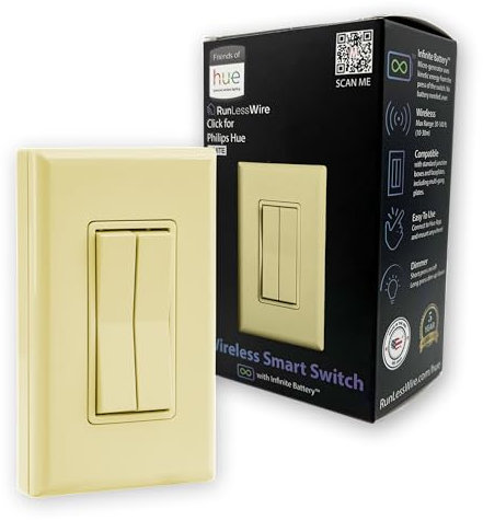RunLessWire Click for Philips Hue Self Powered (NO Batteries) & Wireless Smart Dimming Switch Friends of Hue Switch Control for Philips Bulbs & Phone App Works with All Smart Home Hubs - Ivory