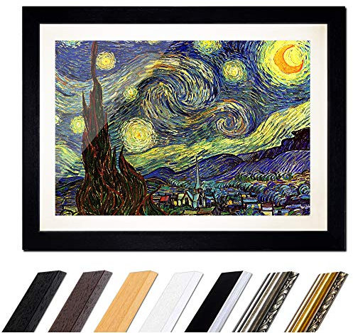 Bild mit Rahmen - Vincent van Gogh Sternennacht 60x40 cm ca. A2 - Gerahmter Kunstdruck inkl. Galerie Passepartout Alte Meister - Rahmen schwarz