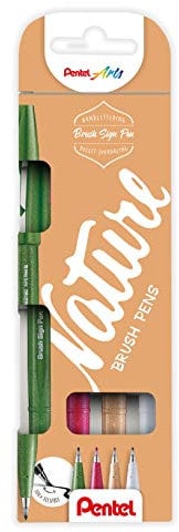 Pentel SES15N-4 Brush Sign Pen Nature Colors Set, Faserschreiber, pinselähnliche Spitze, 4 Stück, farblich sortiert, olivgrün, hellbraun, hellgrau, burgunderrot