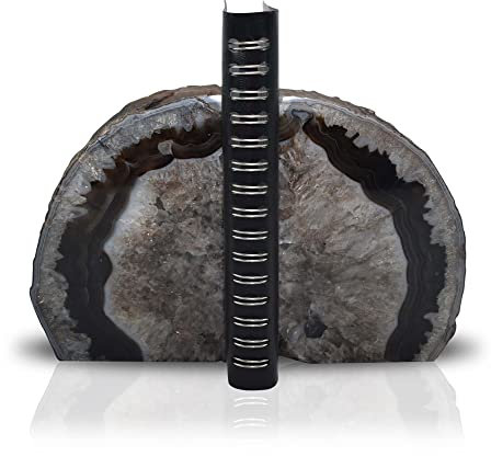 Nature's Decorations Hochwertige schwarze Achat-Geoden-Buchstützen – robuste Buchstützen mit Gummipuffer für Regale, Büro, Heimdekoration – cooles Kristallstein-Buchstützen-Paar zur Dekoration (1 Paar