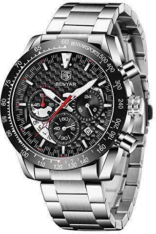 BY BENYAR - Reloj para Hombre, Impermeable, cronógrafo Luminoso, clásico, Relojes de Pulsera de Piel, Gran Esfera Fecha, analógico, para Hombre, Regalo Elegante, Acero Negro, Stainless Steel, Pulsera