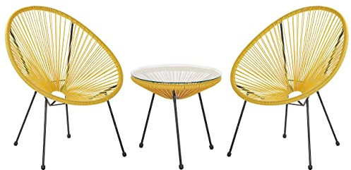 Lustiges Balkonset 2 Stühle mit 1 Tisch Spaghetti-Optik Rattan gelb Acapulco
