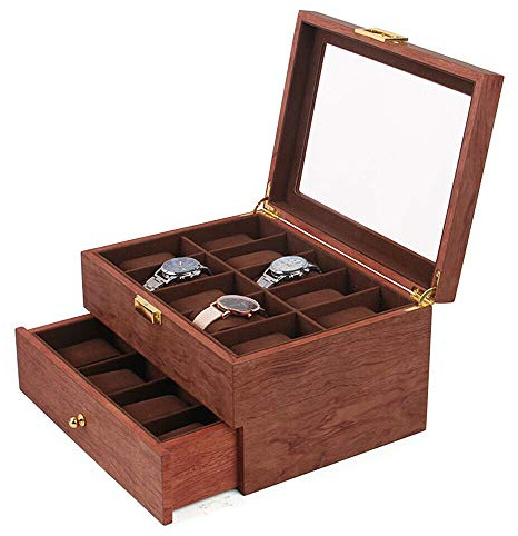 YISSALE 20 Fächer Uhrenbox, Uhren Uhrenaufbewahrungsbox, Organizer Uhrenkasten Rot Holz Schmuckschatulle, Verschließbare Uhrenbox für Herrn Dame