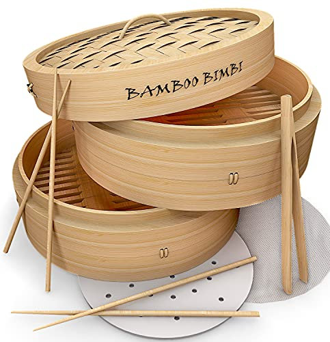 Bamboo Bimbi Chinesischer Dampfgarer – traditioneller 25.4 cm Bambus-Dampfkorb zum Kochen gesunder Lebensmittel in 2 Ebenen gleichzeitig – Brötchen, Dim Sum und Teigtaschen-Dampfgarer mit Essstäbchen