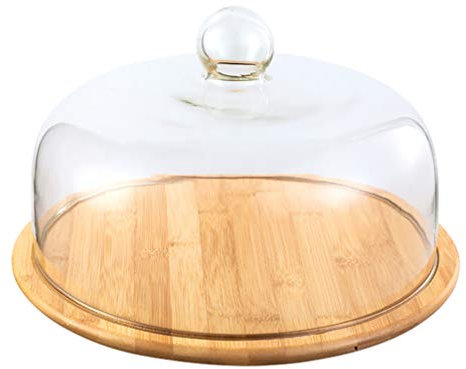 VOSAREA 1 Set Glass Dome Cover with Wood Plate Round Dessert Serving Plate Clear Cake Show Stand Cake Display Cloche Dome Cover Cake Platter Cover (26cm)