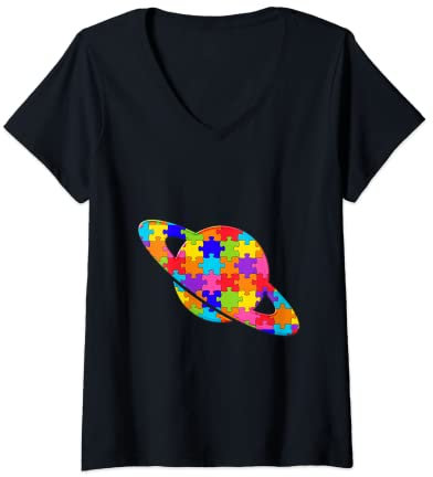 Damen Saturn Planet Puzzle Autism Puzzle T-Shirt mit V-Ausschnitt