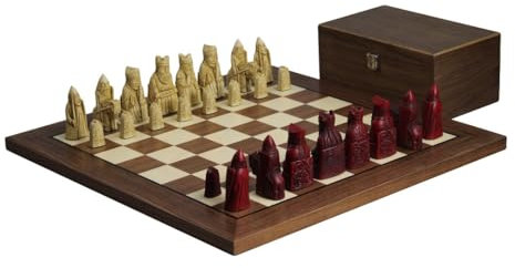 Chessgammon Isle of Lewis I Elfenbein & Rot Harz Schachfiguren 3,5 mit Walnuss Schachbrett 20