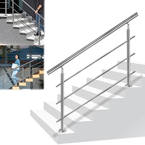 LZQ Edelstahl Handlauf Geländer Treppengeländer Innen und Außen, Edelstahlgeländer Außengeländer mit 3 Querstäbe, für Treppen, Brüstung, Balkon, Garten (180cm, mit 3 Querstäbe)