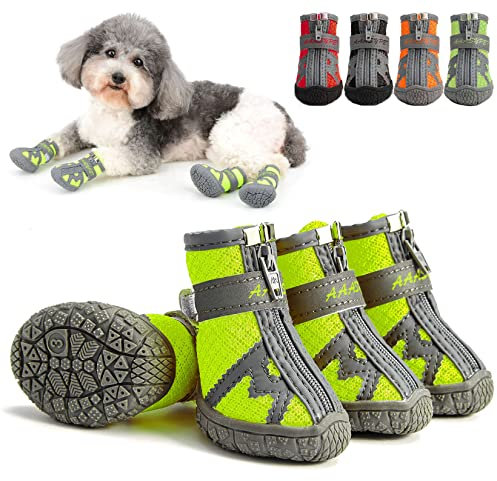 Zunea Hundeschuhe für Kleine Hunde Atmungsaktiv Netzstoff Pfotenschutz Reißverschluss rutschfest Verstellbar Reflektierend Außenbereich Stiefel mit Robuster Sohle für Haustier Chihuahua Grün 1#