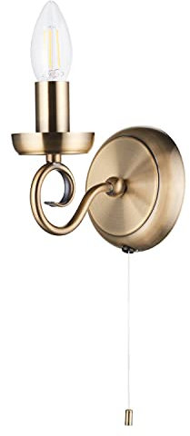 Traditional and Vintage Antique Brass Wall Light Fitting with Scroll Arm and Pull Switch | SES 60w Maximum | 17cm x 14cm x 12cm by Happy Homewares