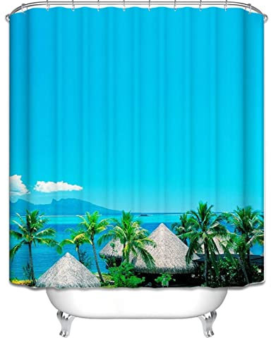 EHOMERY Duschvorhangbefestigungen Duschrollo Schräge Seeblick Duschvorhang Zum Kleben Duschrollo Halterung Polyester Rostfreie Ösen Und 12 Hakenringe, 90X180Cm