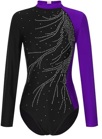 IEFIEL Leotard Danse Ballet Ballerine Femme Justaucorps Gymnastique Patinage Manche Longue Bicolore Teddy Body Patchwork Strass Bodysuit Clubwear Violet M