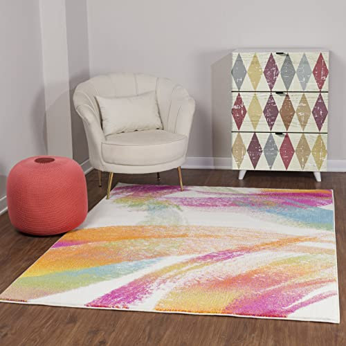 Livabliss Lorient Tapis Moderne Abstrait - Tapis Salon, Salle à Manger, Chambre Adulte et Ado, Cuisine - Design Marbre Moucheté Multicolore, Poil Ras Doux 120x170 cm - Blanc et Multicolore