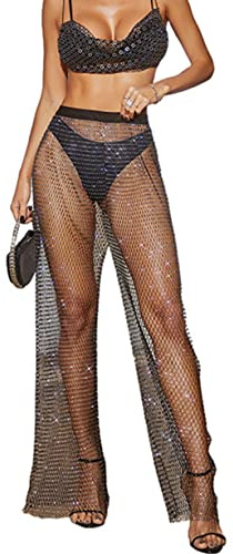 LUMoony Pantaloni a Rete con Pietre di Strass, Pantaloni in Maglia Trasparente, Vita Alta, Leggings, Nero, Taglia Unica, Lunghezza 110 cm, Vita 67 cm