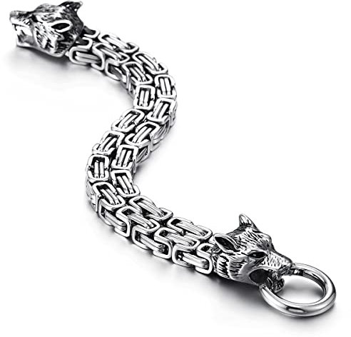 COOLSTEELANDBEYOND Biker Herren Zwei Strang Geflochtene Byzantine Kette Armband aus Edelstahl mit Wolf Kopf und Federringverschluss