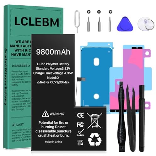 LCLEBM 9800mAh Battery for iPhone X, High Capacity Li-ion Polymer Battery Replacement for iPhone X Model A1865, A1901, A1902 with Complete Repair Tool Kits