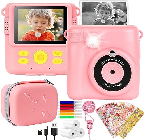 Macchina Fotografica Istantanea Bambini 2.4 1080P HD - Fotocamera Digitale Instant Print Giocattolo Regalo per 3-12 Ragazza Ragazzo con Carta da Stampa e Scheda da 32GB con Custodia Protettiva (rosa)