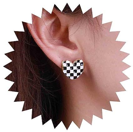 Aneneiceera Vintage Schwarz Weiß Herz Ohrringe Acryl Schwarz Weiß Kariert Herz Ohrring Gestreift Schachbrett Herz Baumeln Ohrringe Liebe Gitter Ohrring Schmuck Für Frauen Und Mädchen