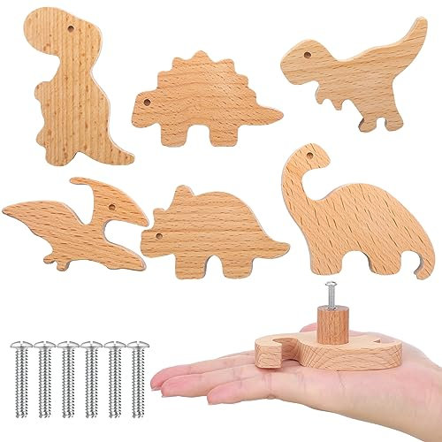 Qunclay Schrankknäufe aus Holz, Dekorative Kommodenknöpfe mit Schrauben, Kommode, Ziehen, Marine, Wald, Tiere, Möbelknöpfe, Kinderzimmer, Schubladengriffe für Dekoration (Dinosaurier, 6)