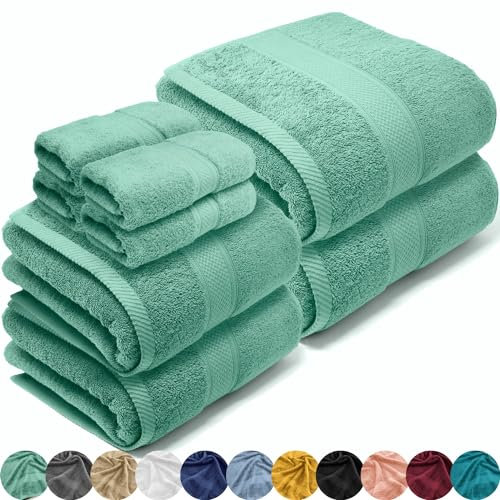 LEBENGOOD Juego de Toallas Baño Completo 100% Algodón Premium 550gsm | 4 Toallas Tocador (30x30), 2 Toallas Lavabo (50x90), 2 Toallas Ducha (70x130) | Suaves, Absorbentes y Resistentes (Pack 8 Aqua)