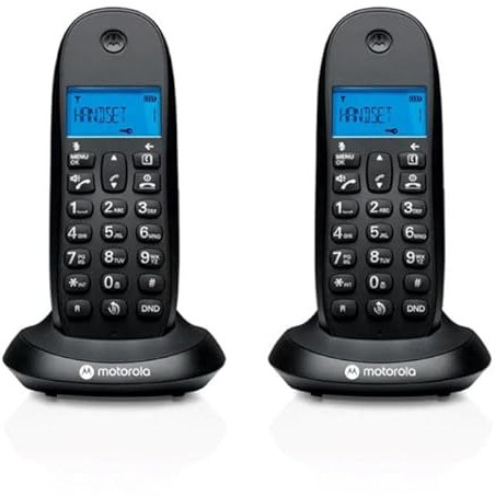 Motorola C1002CB+ - Telefoni cordless digitali DECT (confezione da 2) - Modalità di blocco chiamate, ID chiamante, vivavoce, rubrica da 50 numeri, display retroilluminato - Nero