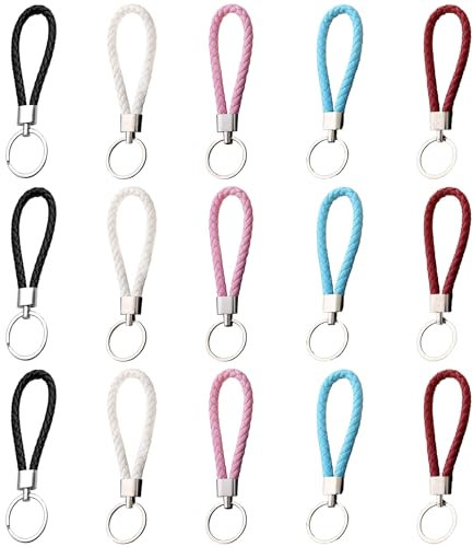 15 Pièces Porte-Clés en Cuir Tressé, Porte-Clés en Sangle Tressée Fait à la Main, Porte-Clés en Cuir PU Tressé, Porte-Clés en Faux Cuir Tissé, Porte-Clés en Corde Tressée