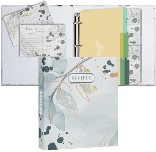 Hiwhy Recipe 3 Ring Binder 8.5x9.5, Full Page 3 Ring Recipe Binder Organizer Set with 25 Slot Pages & 50 Recipe Cards & 6 Divider Pages, Recipe Book for Make Your Own Recipe Sleek Kitchen Greenery