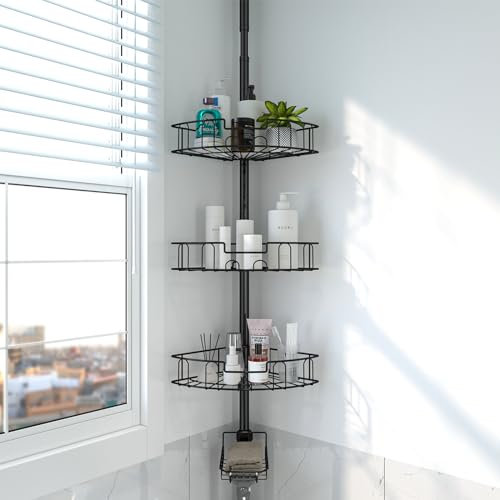 DAKEPOLE Étagère de douche, réglable en hauteur sans perçage, en acier inoxydable, avec 4 paniers, pour baignoire et salle de bain, inoxydable, 137-317 cm, noir, argenté