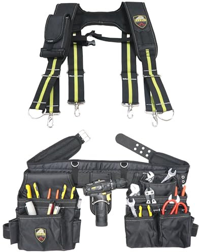 ZAKCO Cinturón de herramientas profesional de poliéster 1680D con tirantes, resistente para carpinteros, marcos, electricistas, fontaneros y hanyman (negro, tamaño completo)