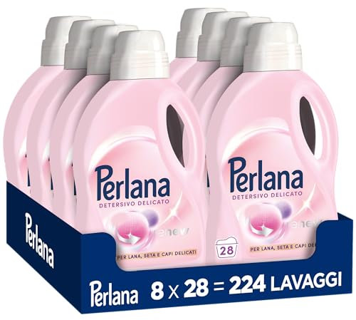 Perlana Detersivo Delicati (8 confezioni da 28 lavaggi), Detersivo lavatrice liquido per lana, seta e delicati, Detersivo delicati per effetto cashmere e fibre rinnovate