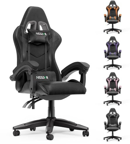 Racingreat Gaming Chair,Ergonomic Office Chair with Headrest and Lumbar Support, PU Leather High Back Height Adjustable Swivel Video Game Chairs for Adults Teenager (Without Footrest, Black)
