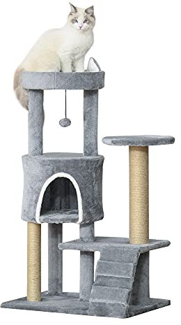 PawHut Árbol Rascador para Gatos Mediano Árbol de 5 Niveles Torre con Plataformas Nido Postes de Yute Escalera y Bola Colgante Gris