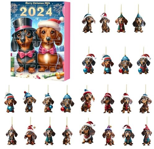 Umiocns Weihnachts-Dackel-Adventskalender 2024, Hunde-Adventskalender, Adventskalender, Hundeanhänger, Countdown-Kalender, Urlaubs-Adventskalender, 2D-Anhänger, flache Hundeanhänger, Heimdekorationen