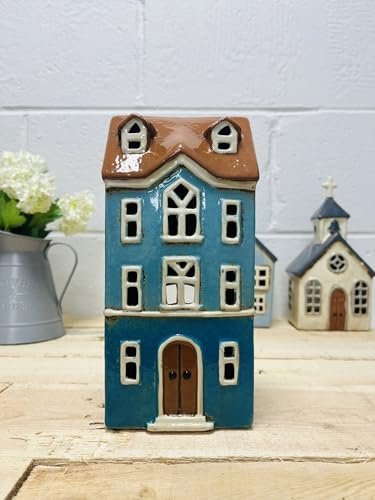 Tealight Candle Holder Housewarming Gift Cottage Ceramic Village Pottery House Ornament (Blue Town House (21cm))