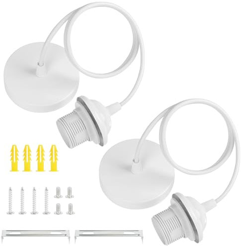 AUAUY 2er-Pack E27 Weiß Lampenfassung, Pendelleuchte Lampenaufhängung mit Schraubring, E27-Lampenfassung für Deckenpendelleuchte mit 90 cm Verstellbarem Kabel für die Decke von Wohnzimmer Esszimmer