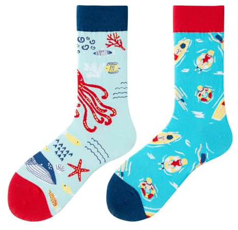 NxnChc Chaussettes Drôles Pour Femmes Et Hommes Unisexe Multi Motifs Mer et nageur Animaux Nourriture Sport Art Coton Cadeau Design Asymétrique Gauche-Droite