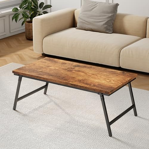Flycity Klappbarer Couchtisch, Wohnzimmertisch Klein, Beinschnalle fixiert, 80cm, Keine Montage Erforderlich, Beistelltisch Couch, Bodentisch Holz für Wohnzimmer, Schlafzimmer, Vintage-Braun