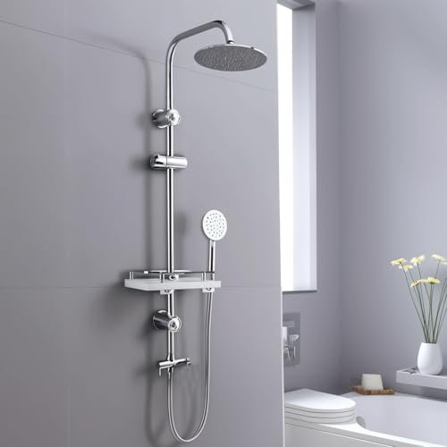 Megistore | Colonna Doccia Con Soffione e Doccetta Tondo Acciaio Inox Anticalcare e Mensola Porta Flacone Con Ganci Per Spugna, Altezza Regolabile Che Permette Di Utilizzare Fori Pre Esistenti