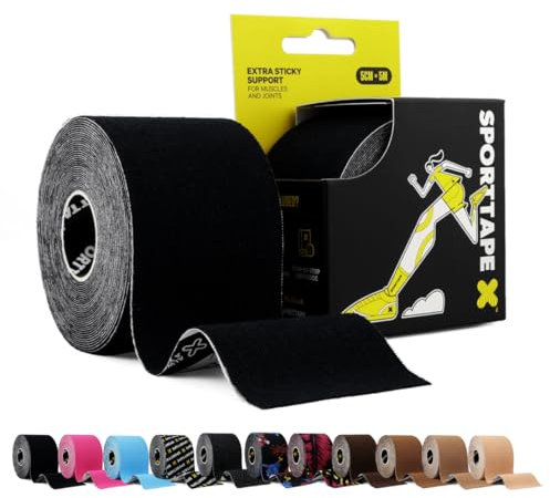 SPORTTAPE Kinesiologie Tape Schwarz - 5 cm × 5 m – elastisch & wasserfest Physio/tape sport, hautfreundlich Baumwolle/Spandex, starke Haftung, selbstklebend, latexfrei für Muskel- & Gelenk-Support