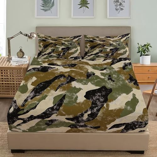 Einzelbett Spannbetttücher Set 120x200 cm Camouflage MilitäR Thema Weiches Mikrofaser Bettlaken für Kinder Erwachsene 3 Teilig, ArmeegrüN Anti-Falten und Schrumpf Bettwäsche-Sets