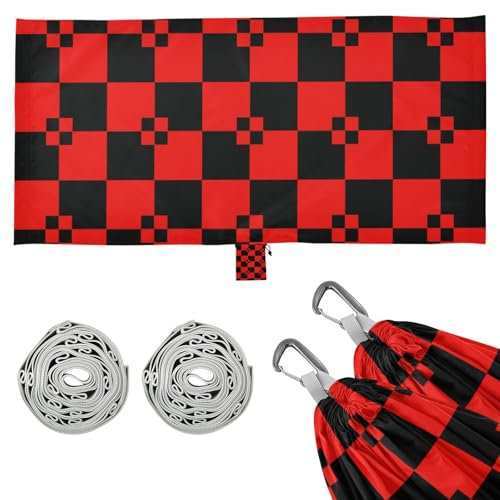 Hamac d'extérieur à carreaux noirs et rouges avec corde de suspension pour terrasse, jardin, base de salon