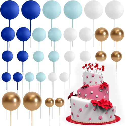 32 Pcs Mini Foam Balloon Cupcake & Cake Toppers(Blue White Gold) | Light foam balloon decorations, perfect for cake ball and party cupcake decor