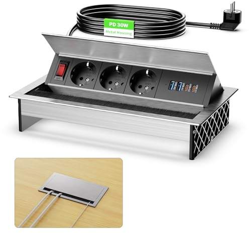 Aluminum Versenkbare Steckdose mit 2 USB-C PD 30W und 2 USB-A, Einbausteckdose 3 Fach mit USB und Schalter, Tischsteckdose Versenkbar mit USB für Konferenzraum Heim Büro, 1,8M Kable, 2400W/10A