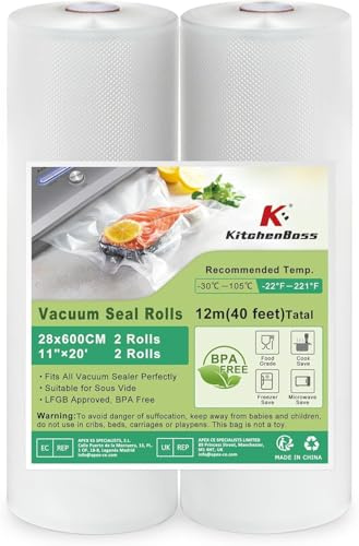 KitchenBoss Vacuum Sealer Rolls Bags: 2 Packs 28 cm x 600 m Food Storage Saver Bag | Vac Seal Roll for Vacuum Sealer Machine Sous Vide Cooking, Large Vaccum Sealing Bags Total 12M