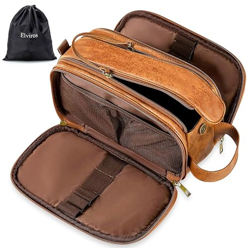 Elviros Travel Toiletry Bag Gift for Men,Mens Toiletries Bag Gifts Set Shaving Dopp Kit Water-Resistant Bathroom Toiletries Organizer PU Leather Cosmetic Bags 2 Pack Brown