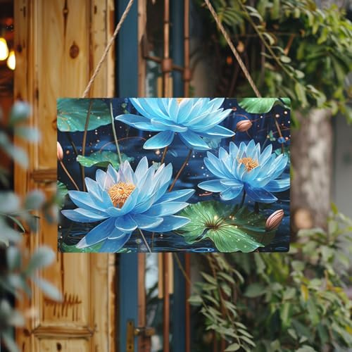 Panneau de bienvenue personnalisé en bois pour porte d'entrée, libellule bleue et lotus, plaque en bois brut avec corde, décoration d'intérieur, panneau de jardin pour jardin et cour