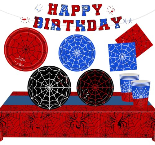 82P Paper Cups Plates Napkin Spider Tablecloth Birthday Halloween Tableware