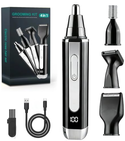 Nose Hair Trimmer for Men and Women: 4-in-1 Rechargeable Grooming Kit for Nose, Ear, Eyebrow & Beard, LED Display, High-Speed Precision Motor, USB-C Charging, Waterproof, Travel-Friendly (Black)